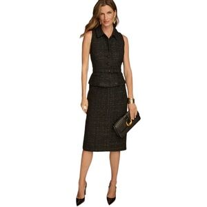 Donna Karan Tweed Sleeveless Black Midi Peplum Dress Size 12 NEW